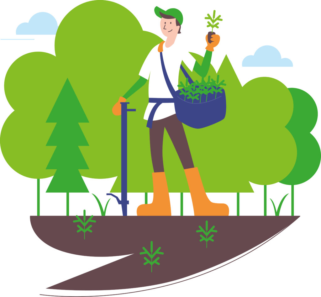 Piirroskuva. Nuori, taimia vakassa, pottiputki kädessä, saappaat jalassa, pitkät housut ja pitkähihainen paita päällä, hanskat kädessä ja lakki päässä.