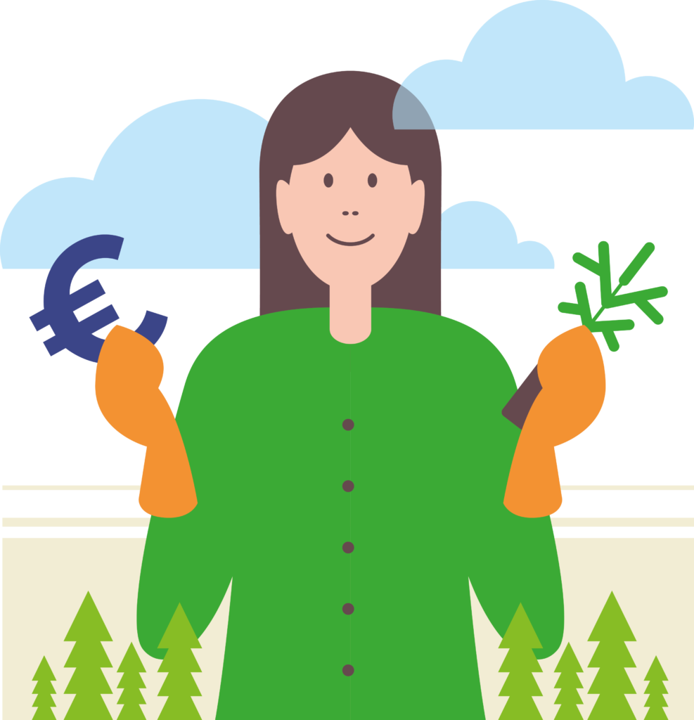 Piirroskuva. Nuorella vasemmassa kädessä puun taimi ja oikeassa kädessä euron merkki kuvastamassa istutustyöllä saatuja tuloja. 