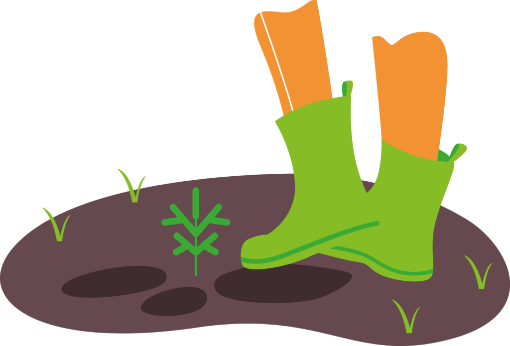 Piirroskuvassa näkyy jalat, joissa saappaat. Jalat tallovat eli ovat tiivistämässä maata istutetun puuntaimen ympäriltä.