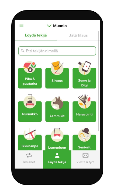 Puhelimen näyttö, jossa työpalvelukuvakkeet
