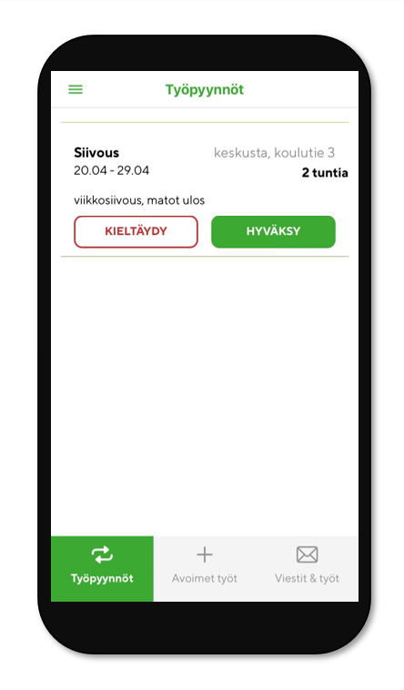 Näyttökuva Helpin työpyynnöt sivusta
