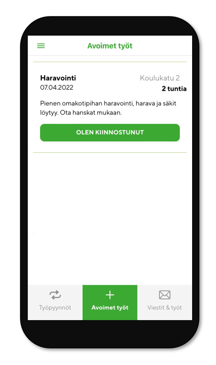 Näyttökuva Helpin avoimet työt -sivusta