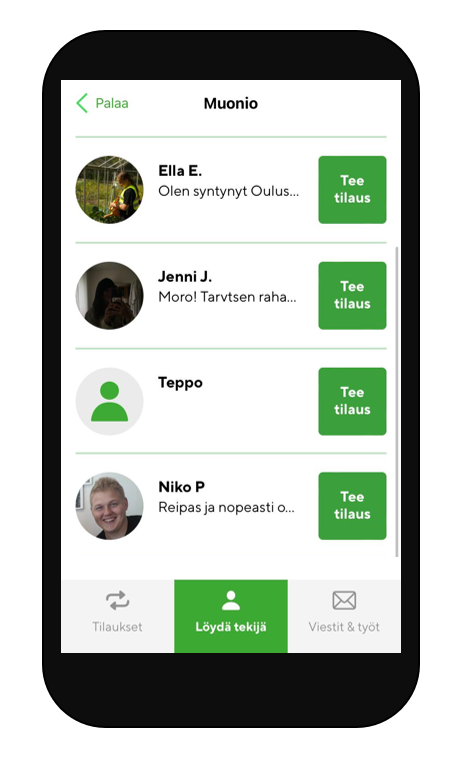 Puhelimen näyttö, jossa kuva työntekijälistauksesta