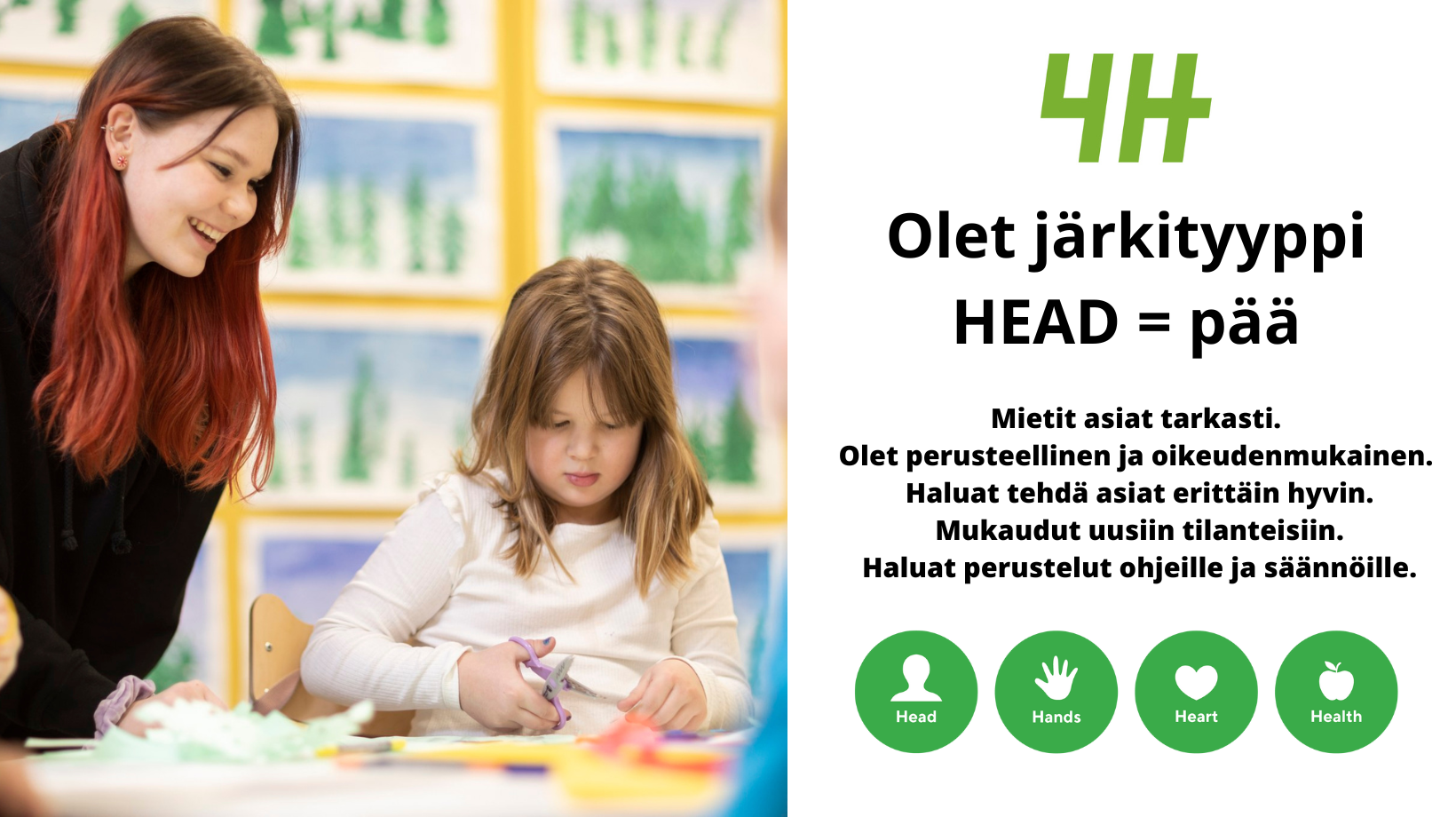 4H kerholainen askartelemassa ja ohjaaja seuraa vieressä.