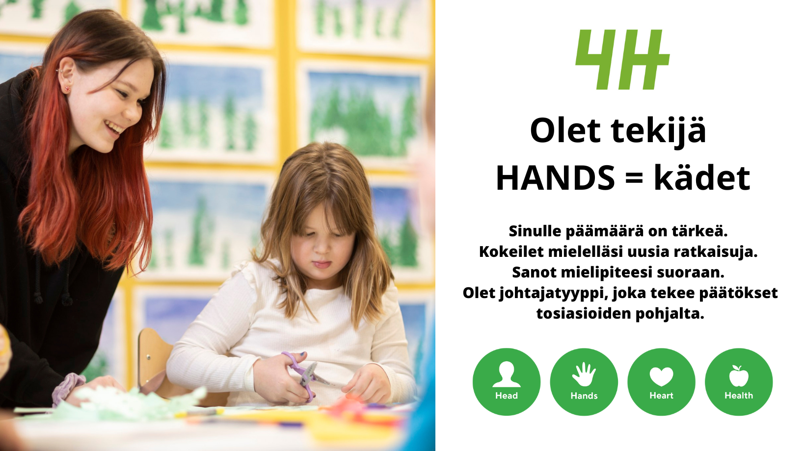4H kerholainen askartelemassa ja ohjaaja seuraa vieressä.