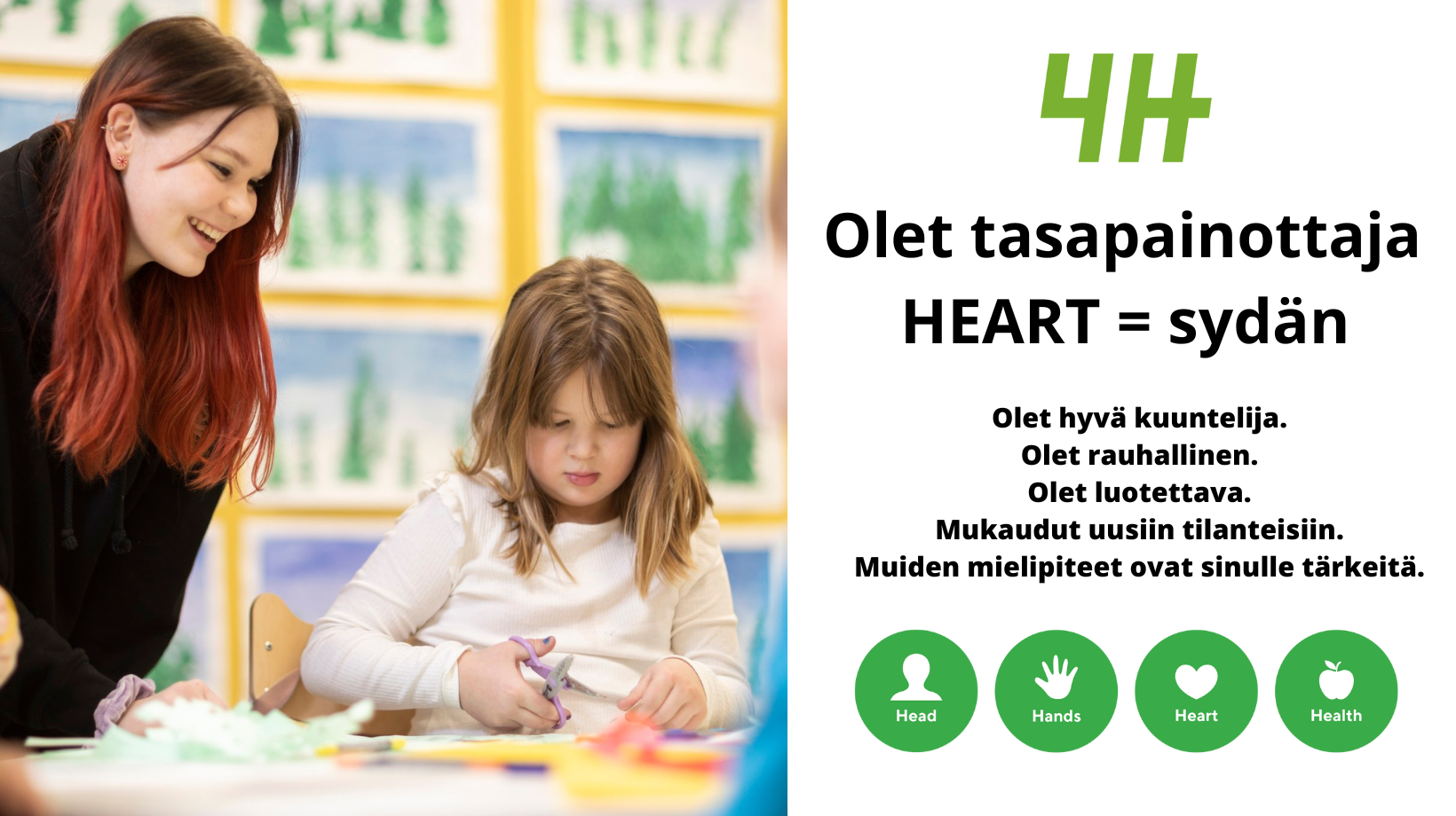 4H kerholainen askartelemassa ja ohjaaja seuraa vieressä.