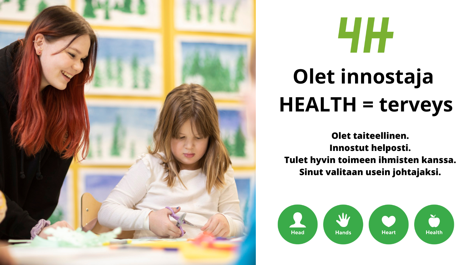 4H kerholainen askartelemassa ja ohjaaja seuraa vieressä.